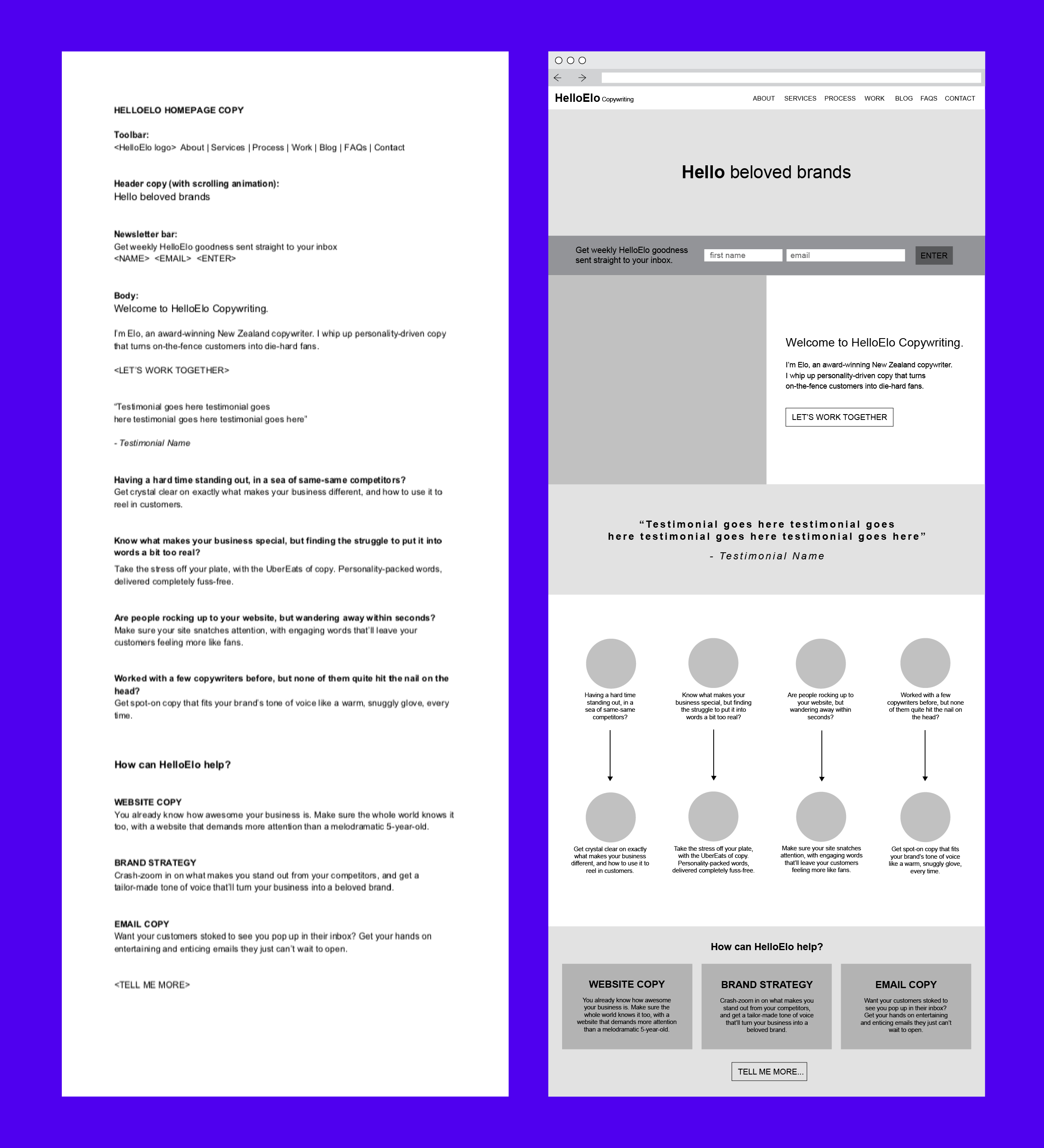 Comparison of word doc copy vs. wireframe copy